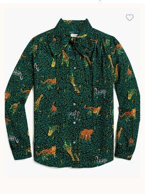 J. CREW Women's Bow Top Blouse Large Animal Safari Giraffe Elephant Tiger Forest